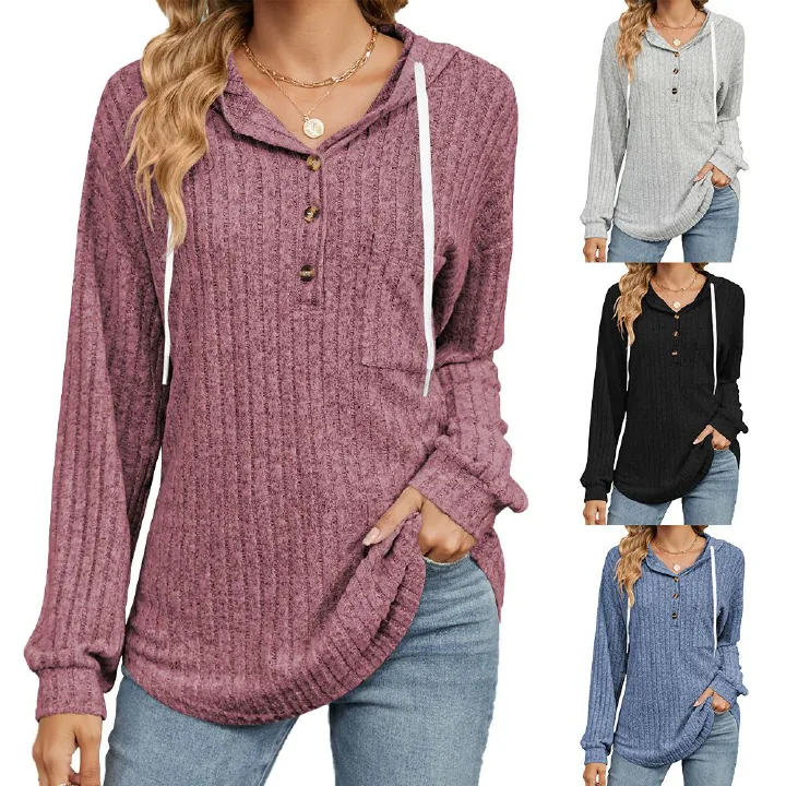 Aladal Europe and the United States cross-border foreign trade autumn winter new solid color button hooded pocke