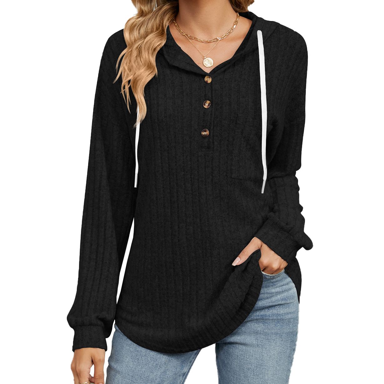 Aladal Europe and the United States cross-border foreign trade autumn winter new solid color button hooded pocke