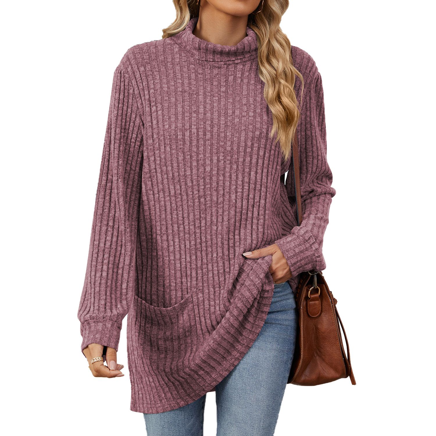 New European and American Autumn and Winter High collar neck side split Solid color Long sleeve T-shirt women's clothing