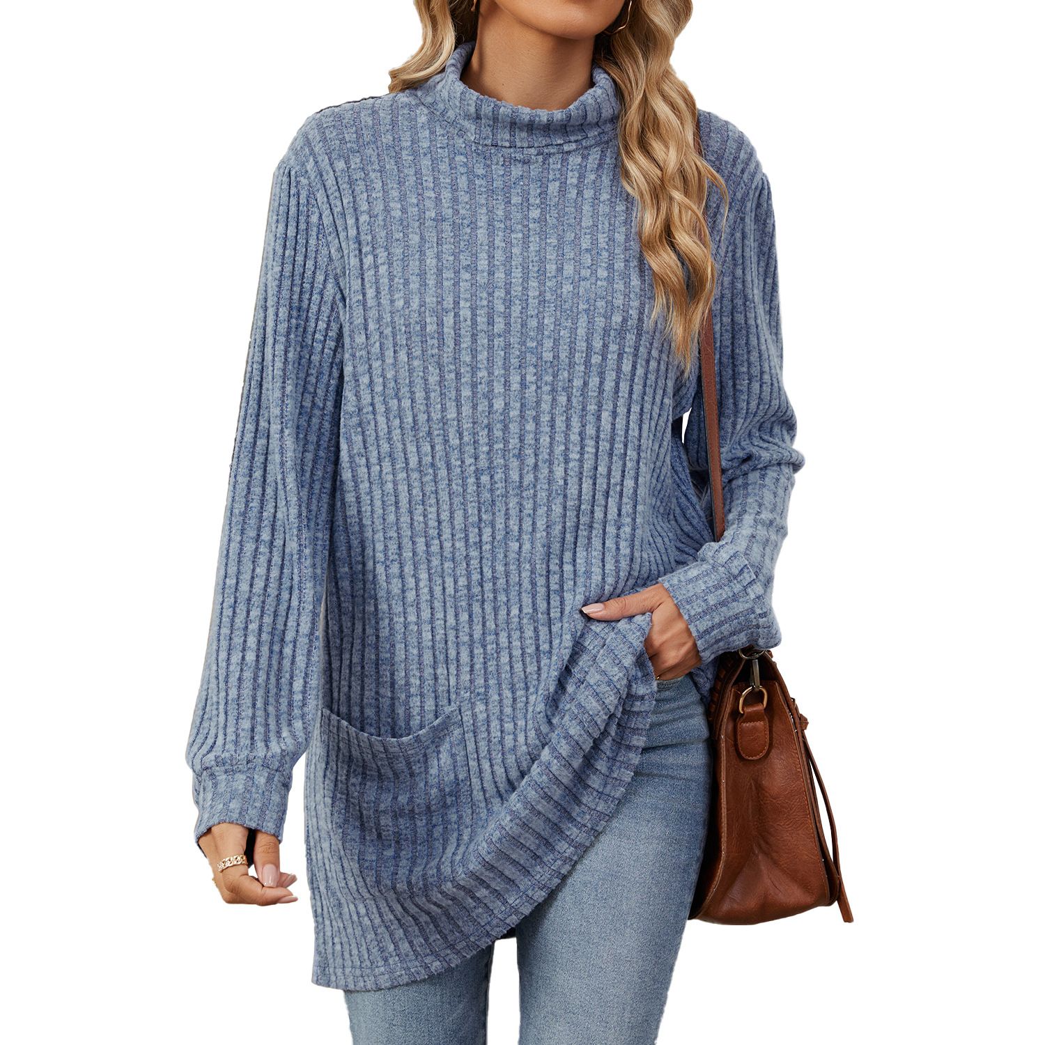 New European and American Autumn and Winter High collar neck side split Solid color Long sleeve T-shirt women's clothing