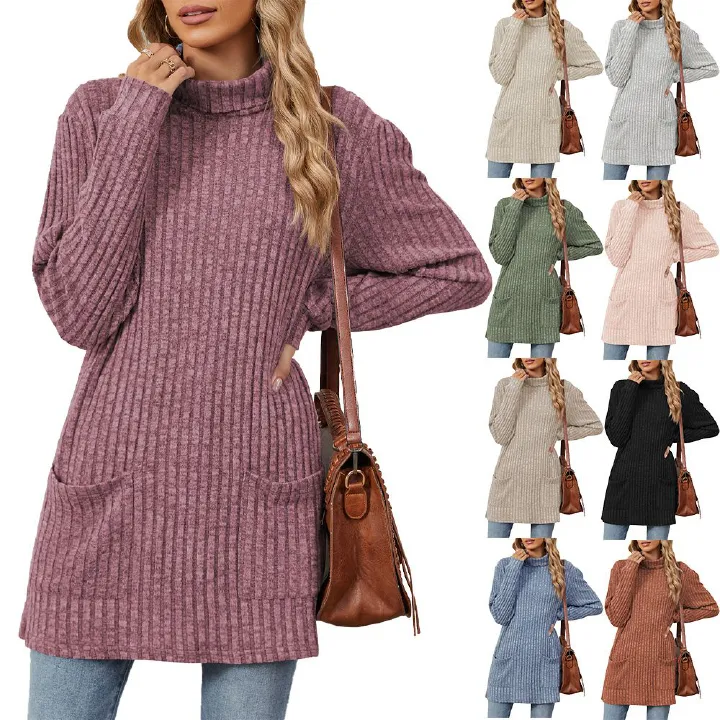 New European and American Autumn and Winter High collar neck side split Solid color Long sleeve T-shirt women's clothing