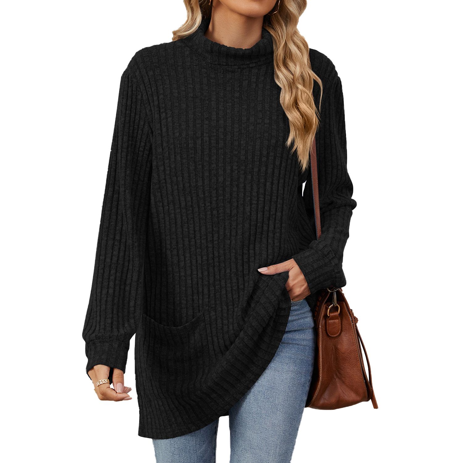 New European and American Autumn and Winter High collar neck side split Solid color Long sleeve T-shirt women's clothing
