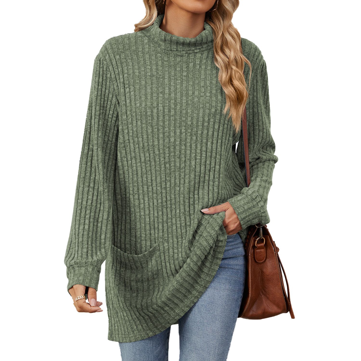 New European and American Autumn and Winter High collar neck side split Solid color Long sleeve T-shirt women's clothing