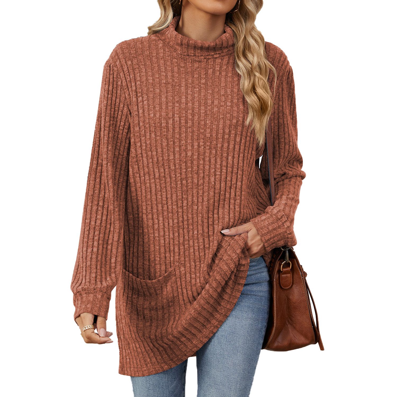 New European and American Autumn and Winter High collar neck side split Solid color Long sleeve T-shirt women's clothing