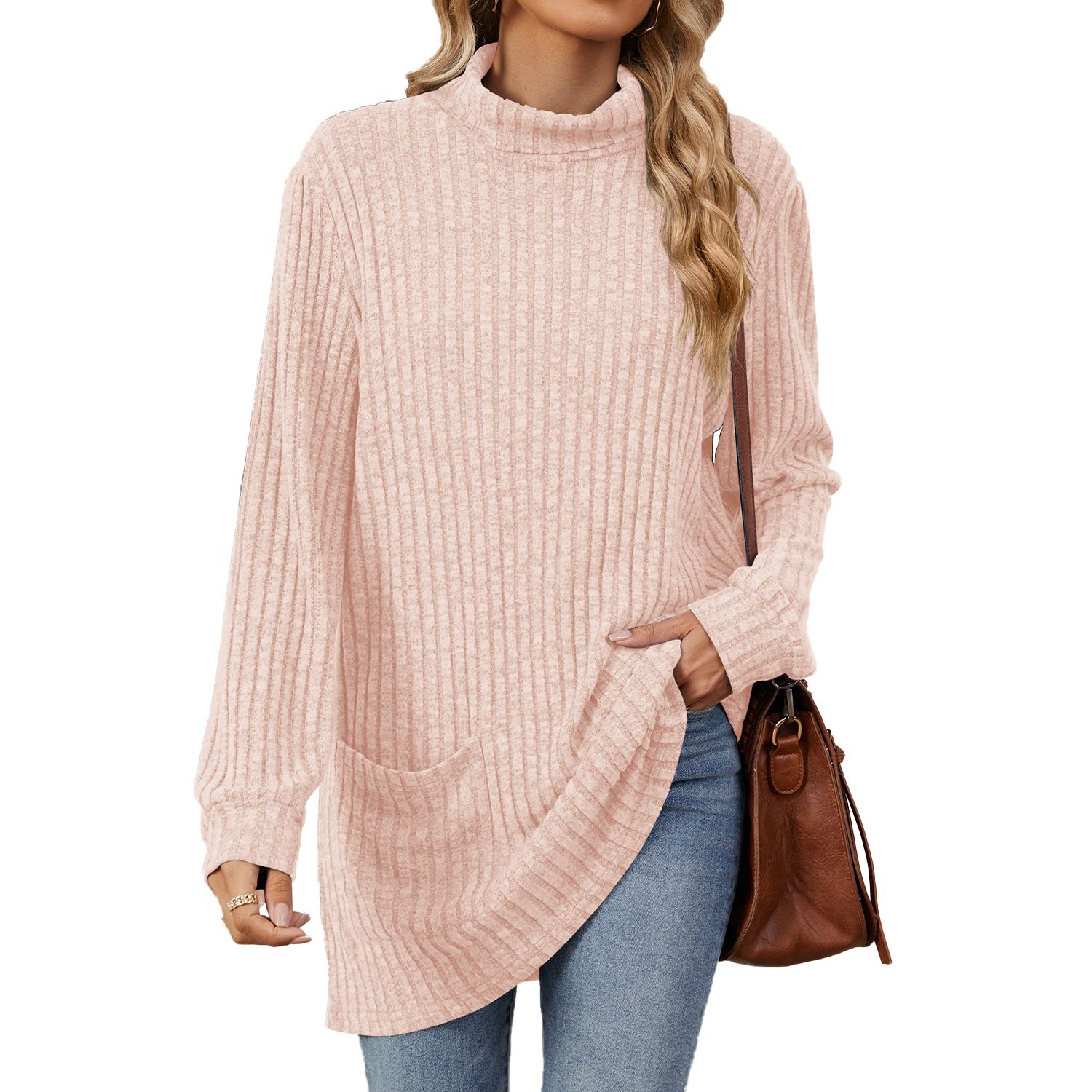 New European and American Autumn and Winter High collar neck side split Solid color Long sleeve T-shirt women's clothing