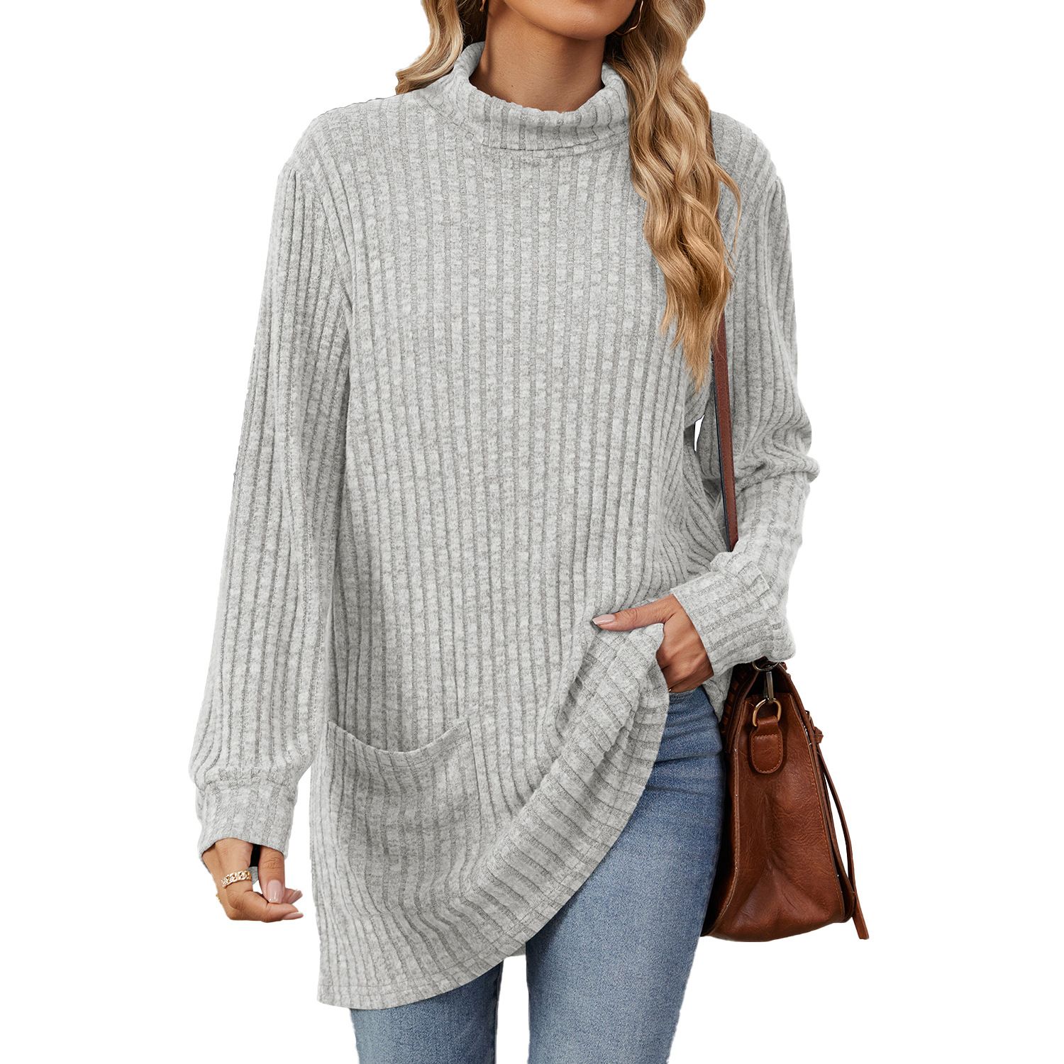 New European and American Autumn and Winter High collar neck side split Solid color Long sleeve T-shirt women's clothing