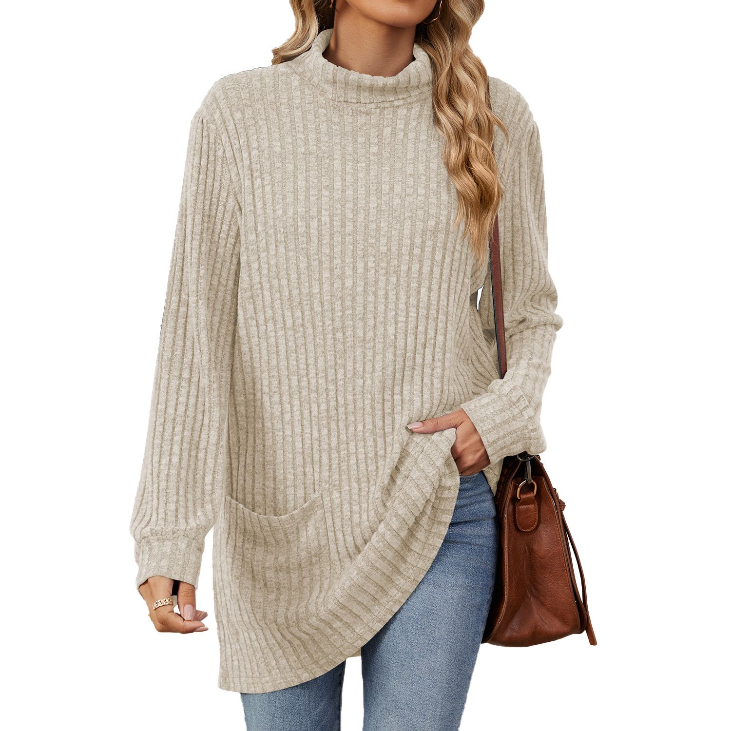 New European and American Autumn and Winter High collar neck side split Solid color Long sleeve T-shirt women's clothing