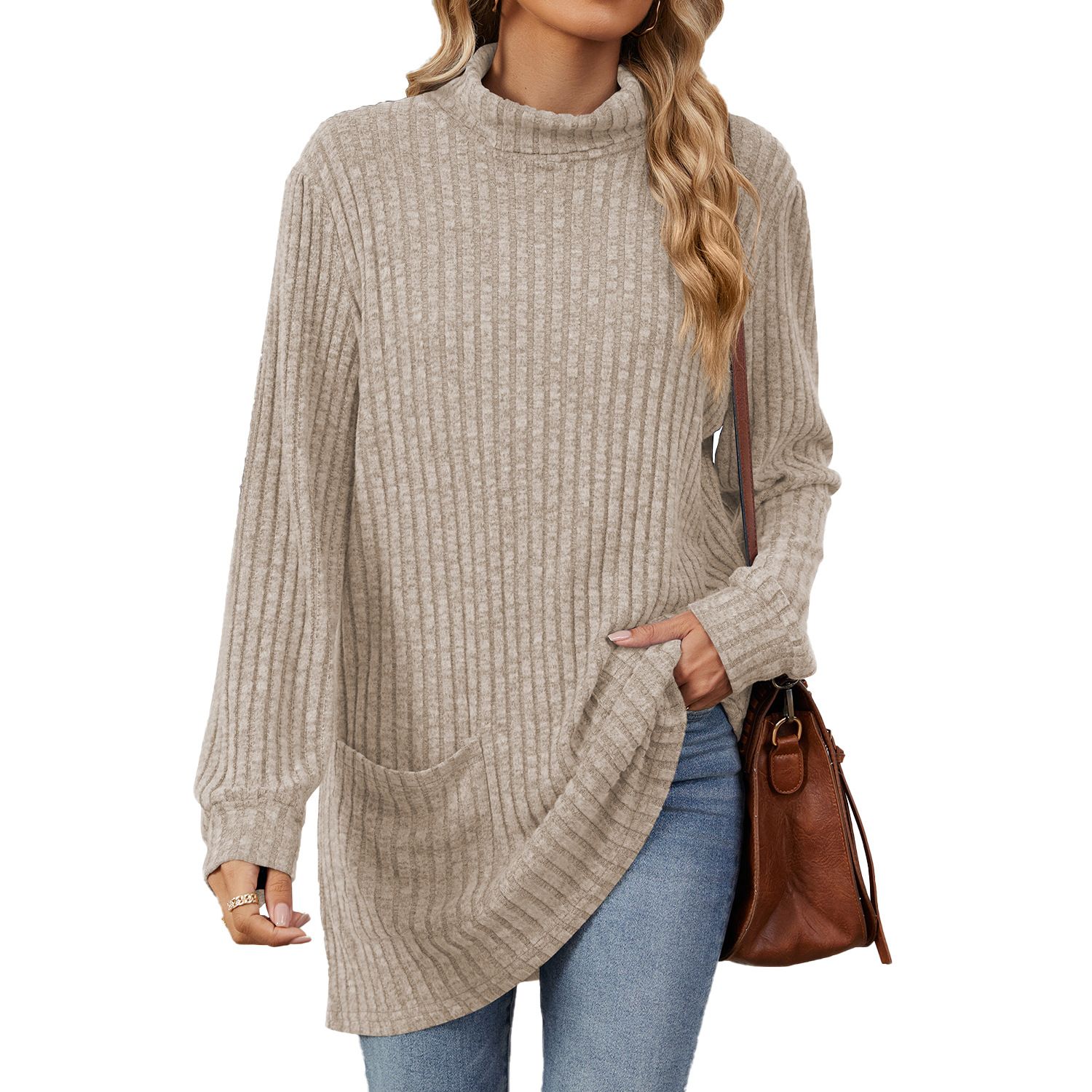 New European and American Autumn and Winter High collar neck side split Solid color Long sleeve T-shirt women's clothing