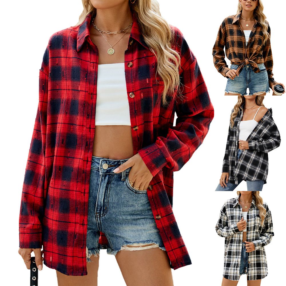 Autumn and winter new vintage hook flower long sleeve loose lapel plaid shirt woman