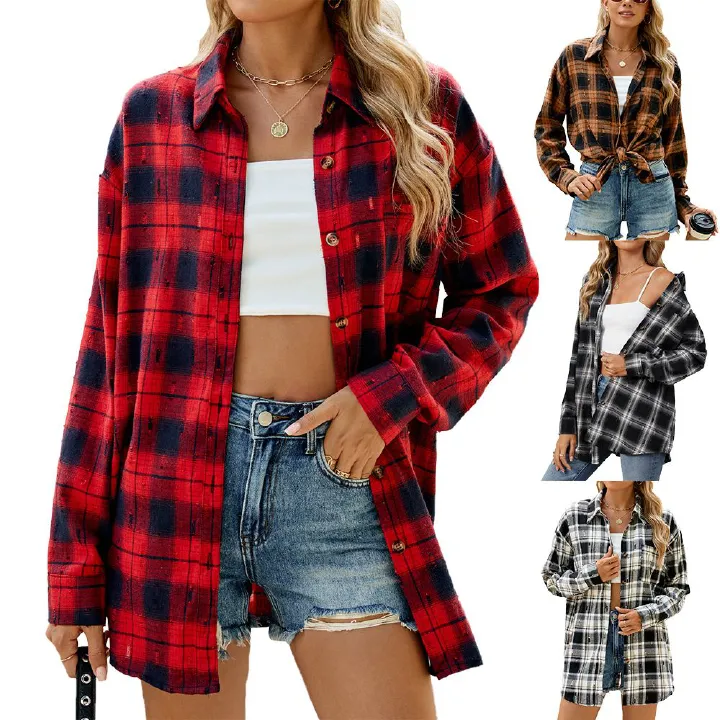 Autumn and winter new vintage hook flower long sleeve loose lapel plaid shirt woman