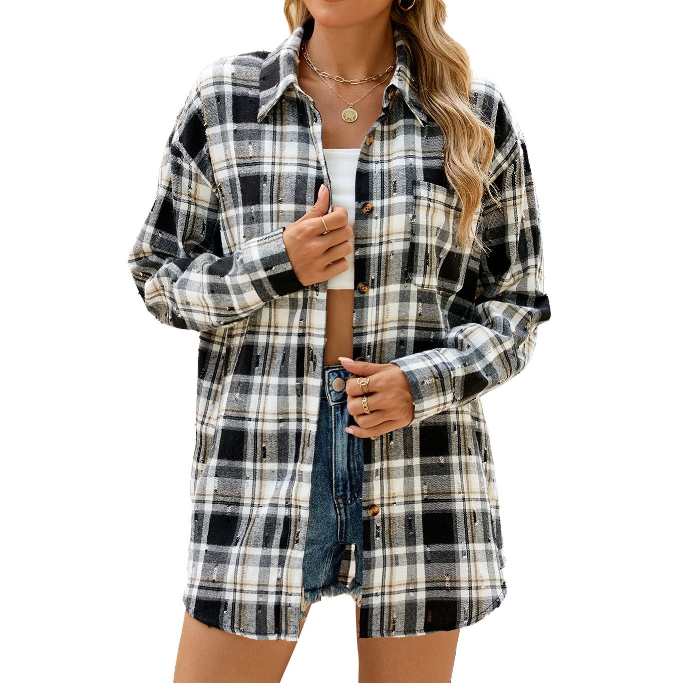 Autumn and winter new vintage hook flower long sleeve loose lapel plaid shirt woman