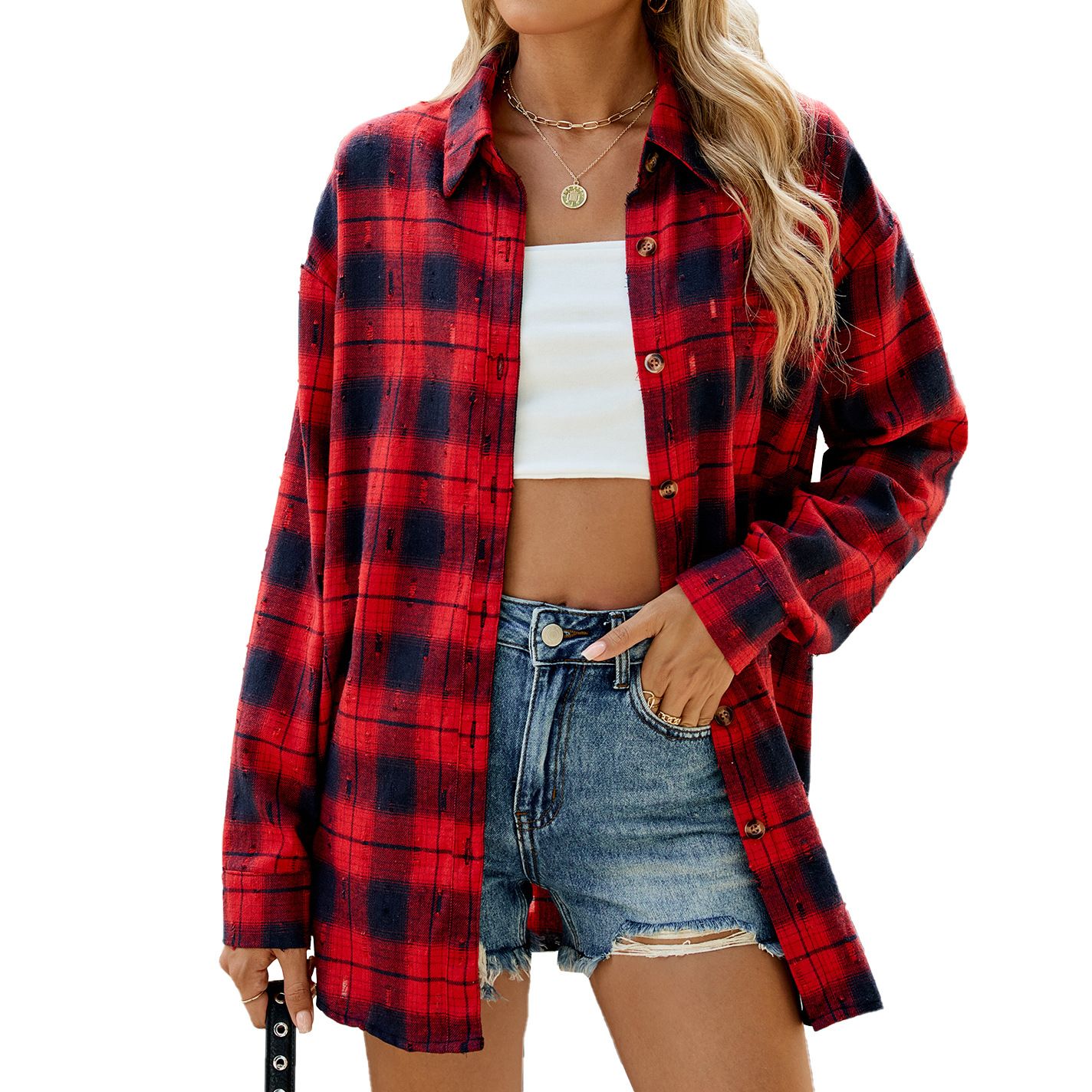 Autumn and winter new vintage hook flower long sleeve loose lapel plaid shirt woman
