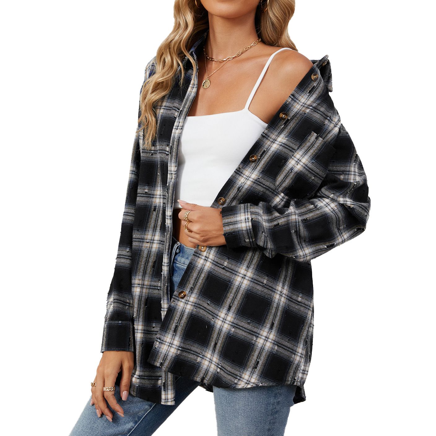 Autumn and winter new vintage hook flower long sleeve loose lapel plaid shirt woman