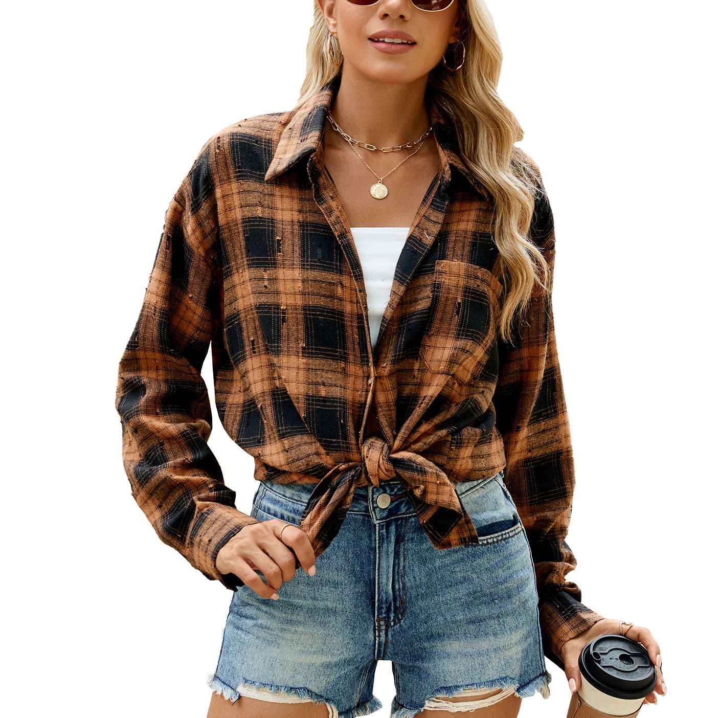 Autumn and winter new vintage hook flower long sleeve loose lapel plaid shirt woman