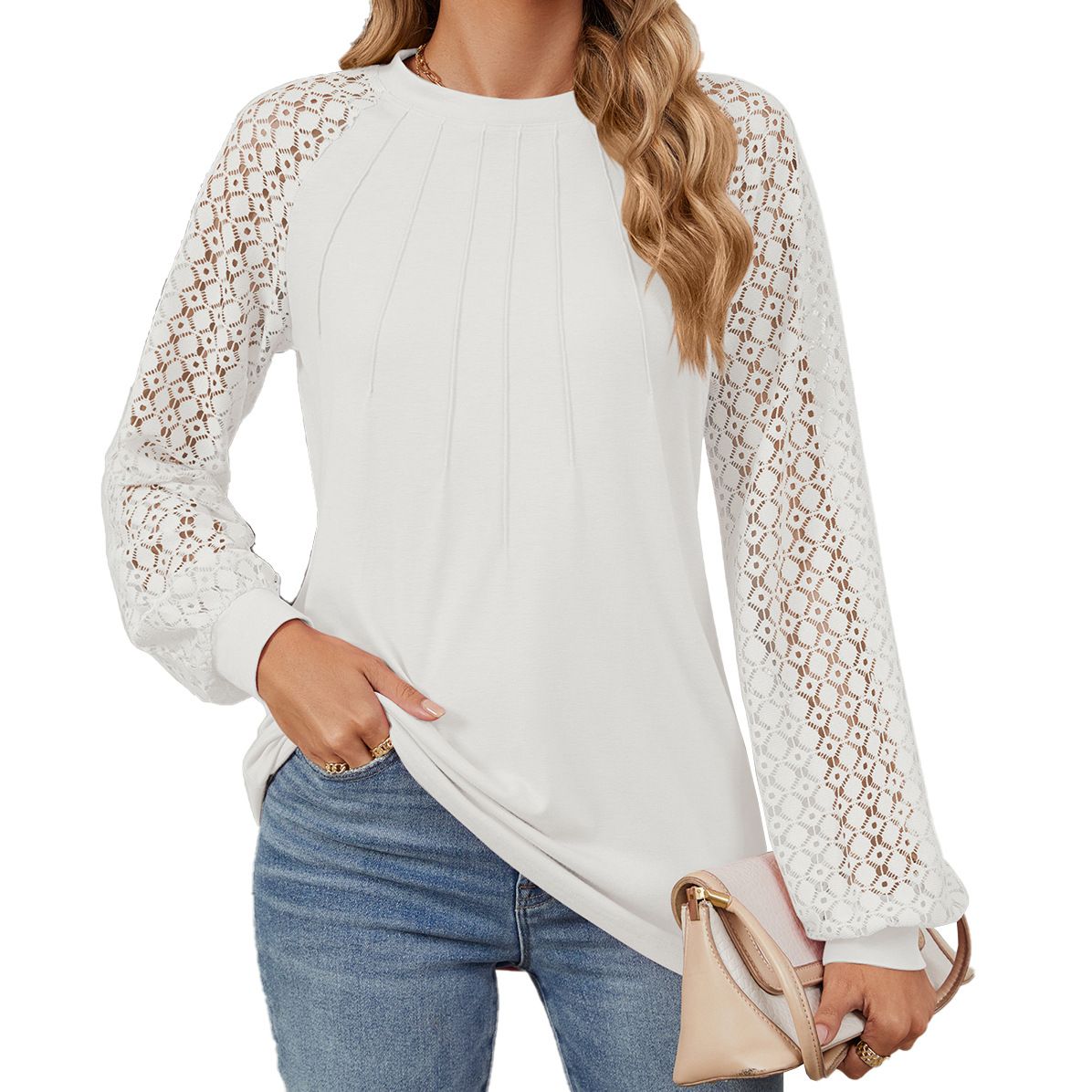 Loveda New Arrival Crew Neck Solid Long Sleeve Women's Blouses Custom Casual Lace Patchwork Loose Shirt Top For Women