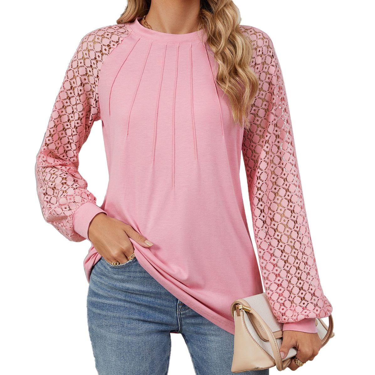 Loveda New Arrival Crew Neck Solid Long Sleeve Women's Blouses Custom Casual Lace Patchwork Loose Shirt Top For Women