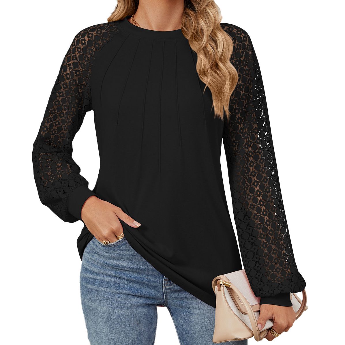 Loveda New Arrival Crew Neck Solid Long Sleeve Women's Blouses Custom Casual Lace Patchwork Loose Shirt Top For Women