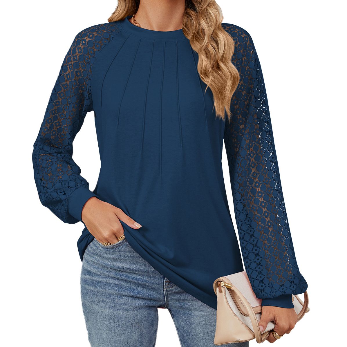 Loveda New Arrival Crew Neck Solid Long Sleeve Women's Blouses Custom Casual Lace Patchwork Loose Shirt Top For Women