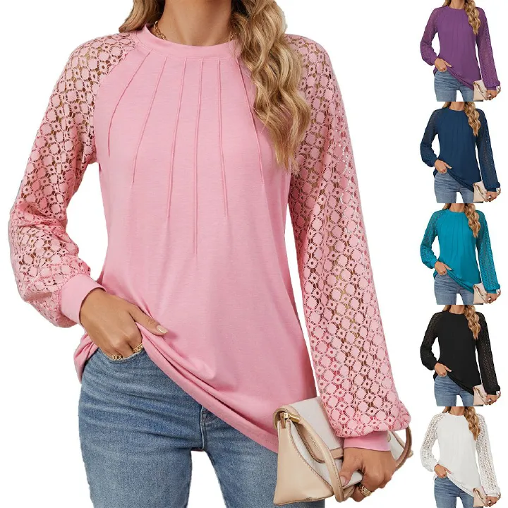 Loveda New Arrival Crew Neck Solid Long Sleeve Women's Blouses Custom Casual Lace Patchwork Loose Shirt Top For Women