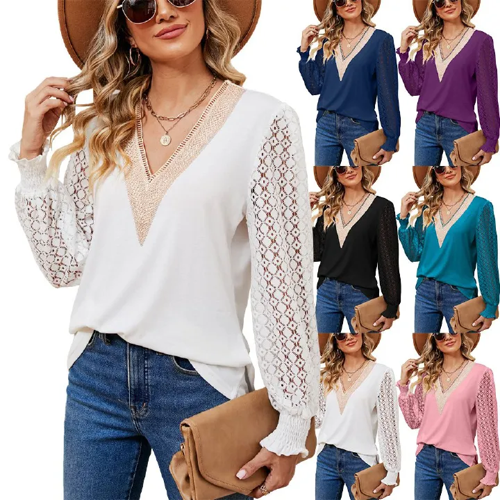 Wholesale of new V-neck lace elegant blouse plus size long sleeved T-shirt tops for women