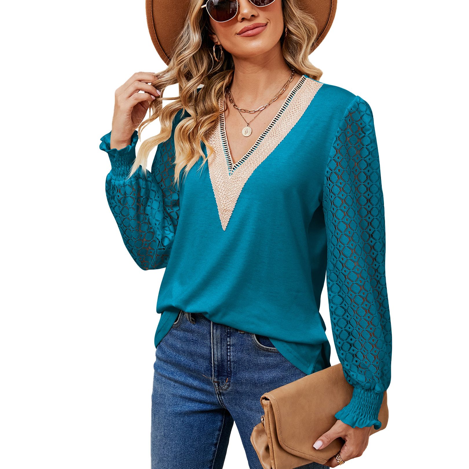 Wholesale of new V-neck lace elegant blouse plus size long sleeved T-shirt tops for women