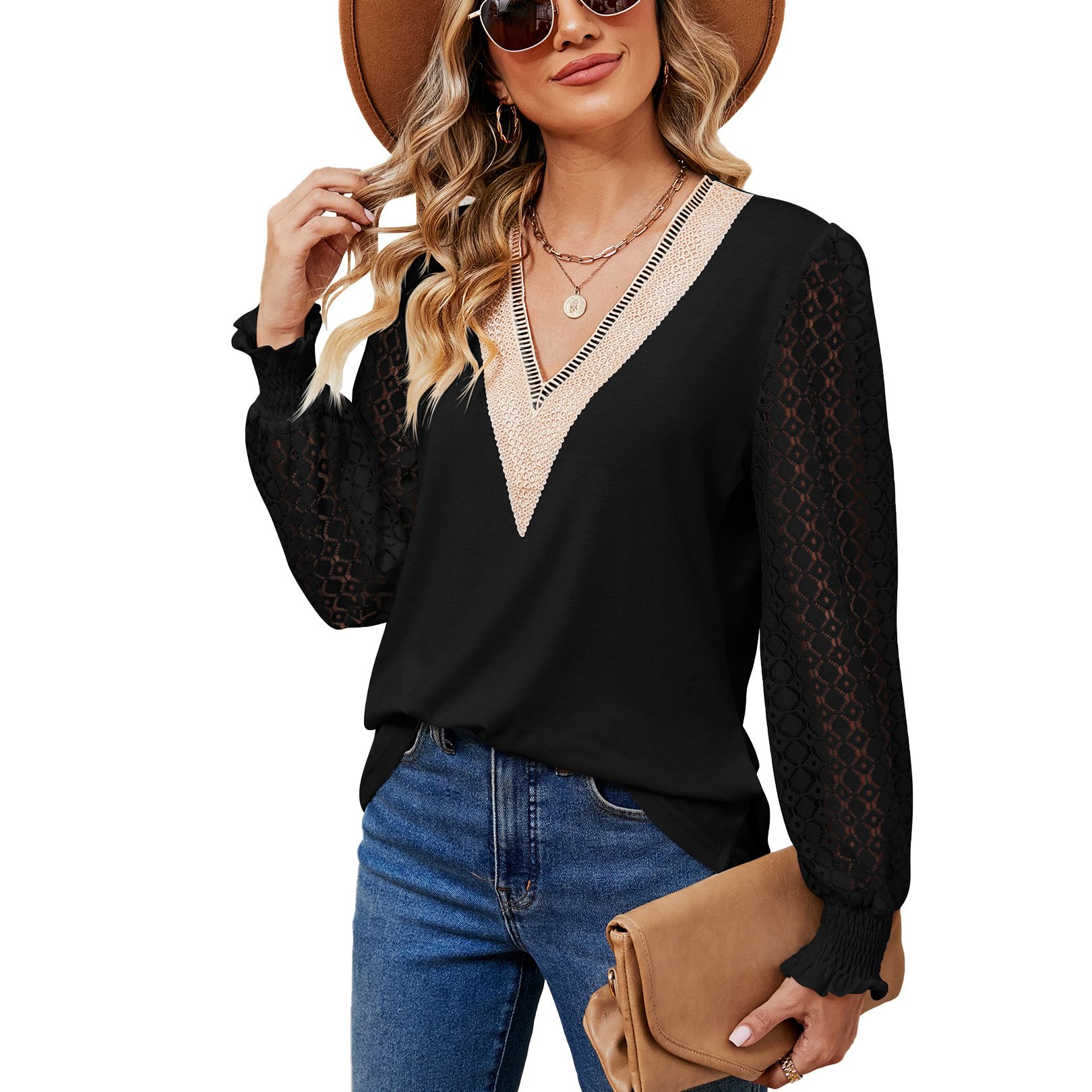 Wholesale of new V-neck lace elegant blouse plus size long sleeved T-shirt tops for women