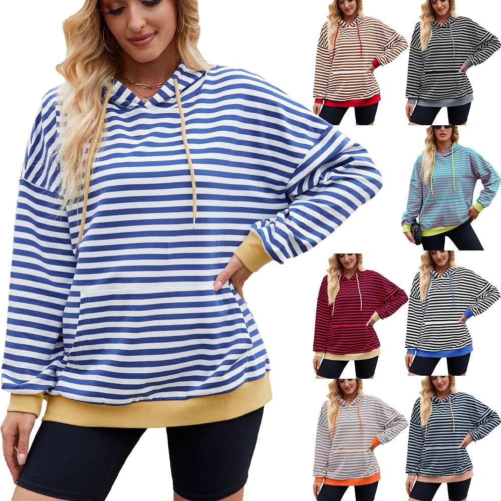 High Quality Custom Logo Women Stripe Long Sleeve Shoulder Drop Hoodie Pullover Sweatshirts Casual Cotton Hoodies