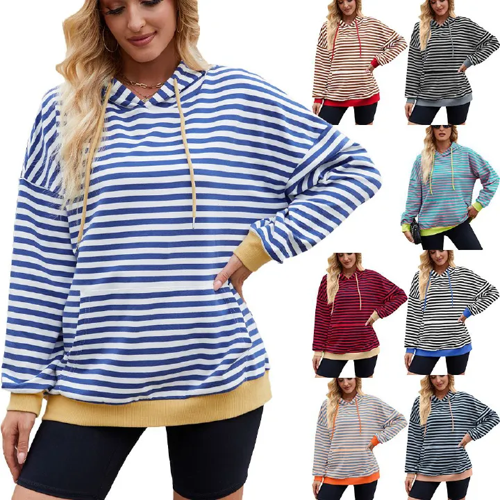 High Quality Custom Logo Women Stripe Long Sleeve Shoulder Drop Hoodie Pullover Sweatshirts Casual Cotton Hoodies