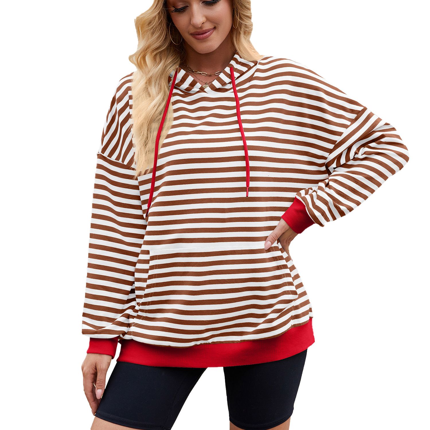 High Quality Custom Logo Women Stripe Long Sleeve Shoulder Drop Hoodie Pullover Sweatshirts Casual Cotton Hoodies