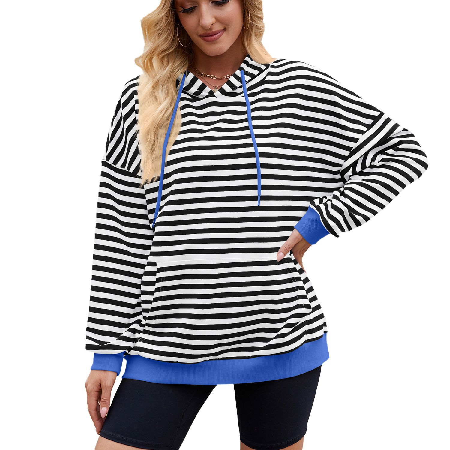 High Quality Custom Logo Women Stripe Long Sleeve Shoulder Drop Hoodie Pullover Sweatshirts Casual Cotton Hoodies