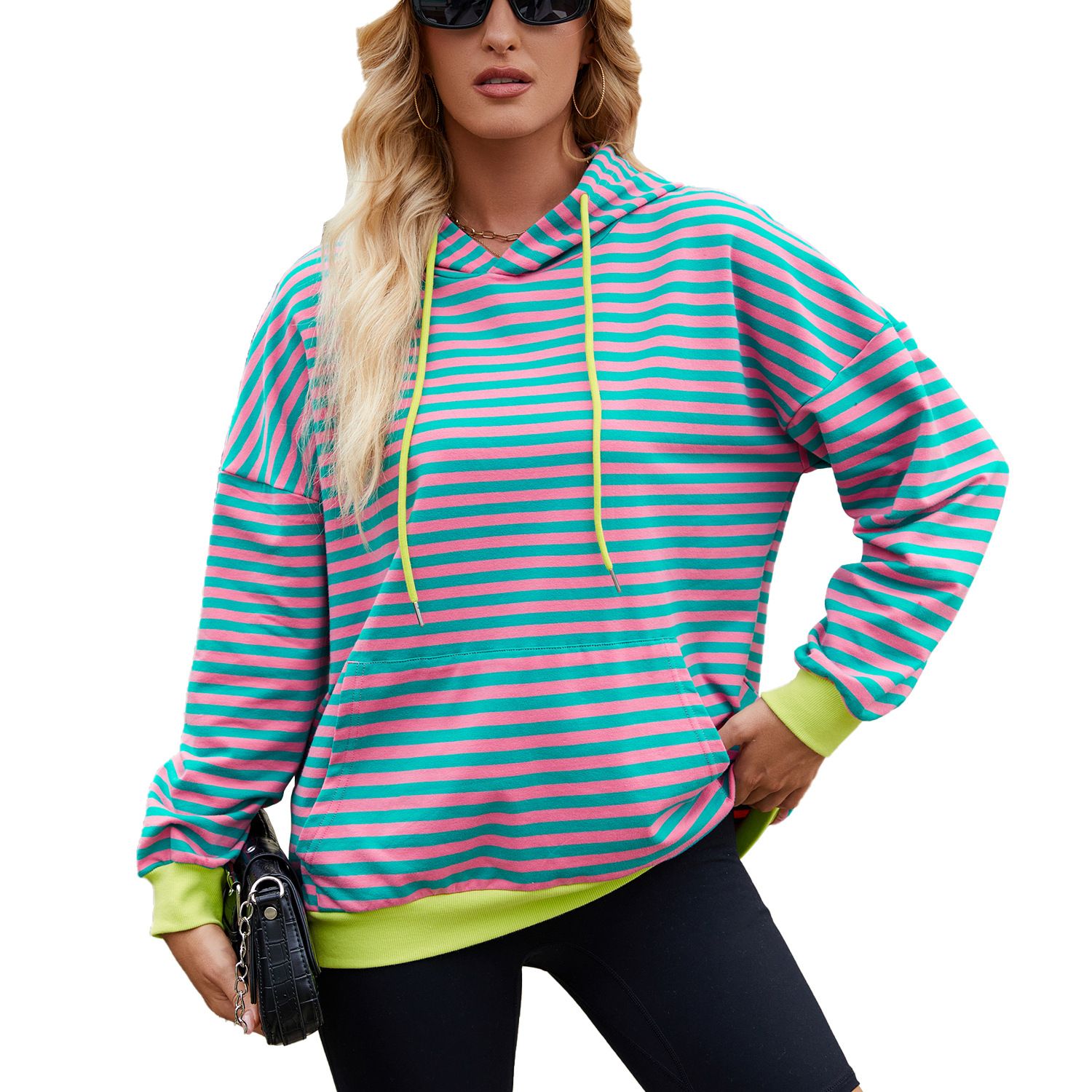 High Quality Custom Logo Women Stripe Long Sleeve Shoulder Drop Hoodie Pullover Sweatshirts Casual Cotton Hoodies