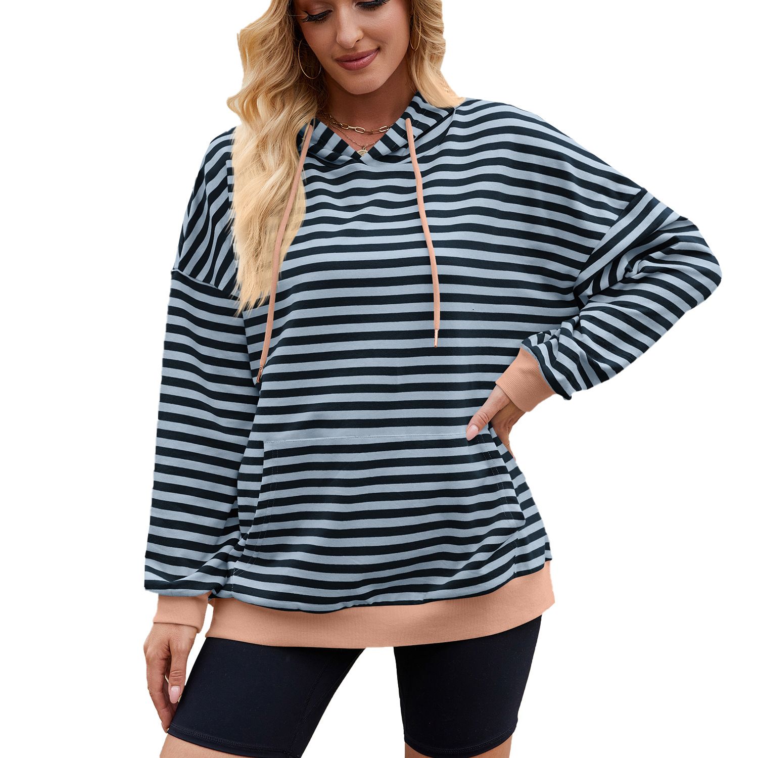 High Quality Custom Logo Women Stripe Long Sleeve Shoulder Drop Hoodie Pullover Sweatshirts Casual Cotton Hoodies