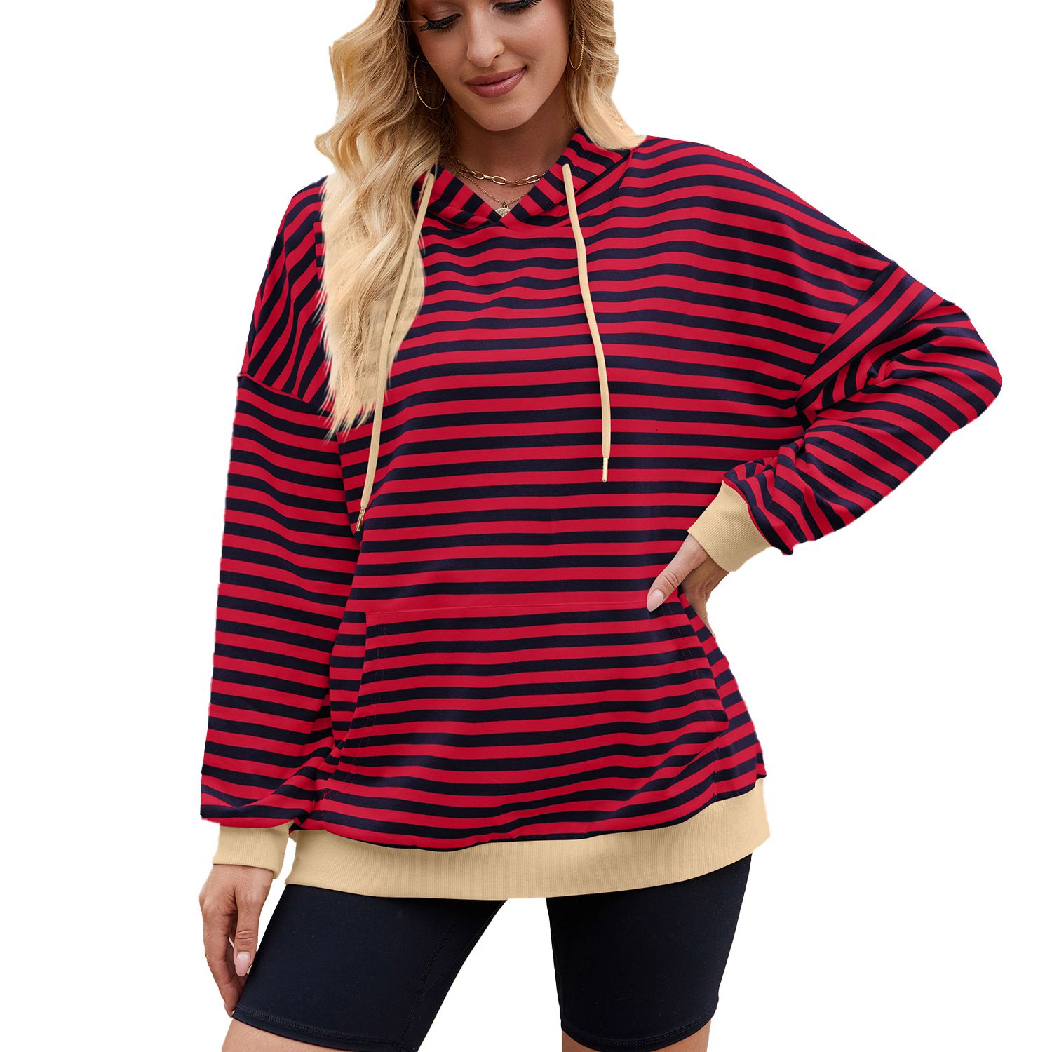 High Quality Custom Logo Women Stripe Long Sleeve Shoulder Drop Hoodie Pullover Sweatshirts Casual Cotton Hoodies