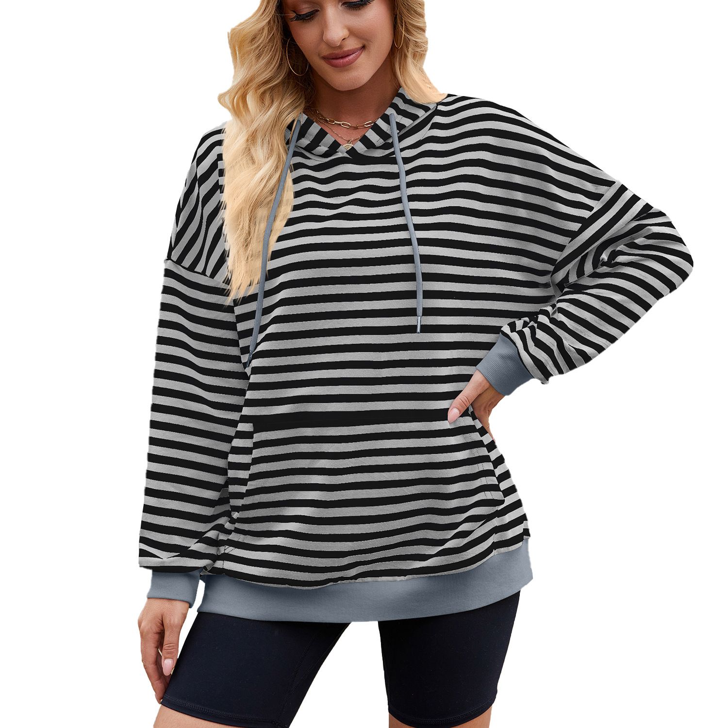 High Quality Custom Logo Women Stripe Long Sleeve Shoulder Drop Hoodie Pullover Sweatshirts Casual Cotton Hoodies