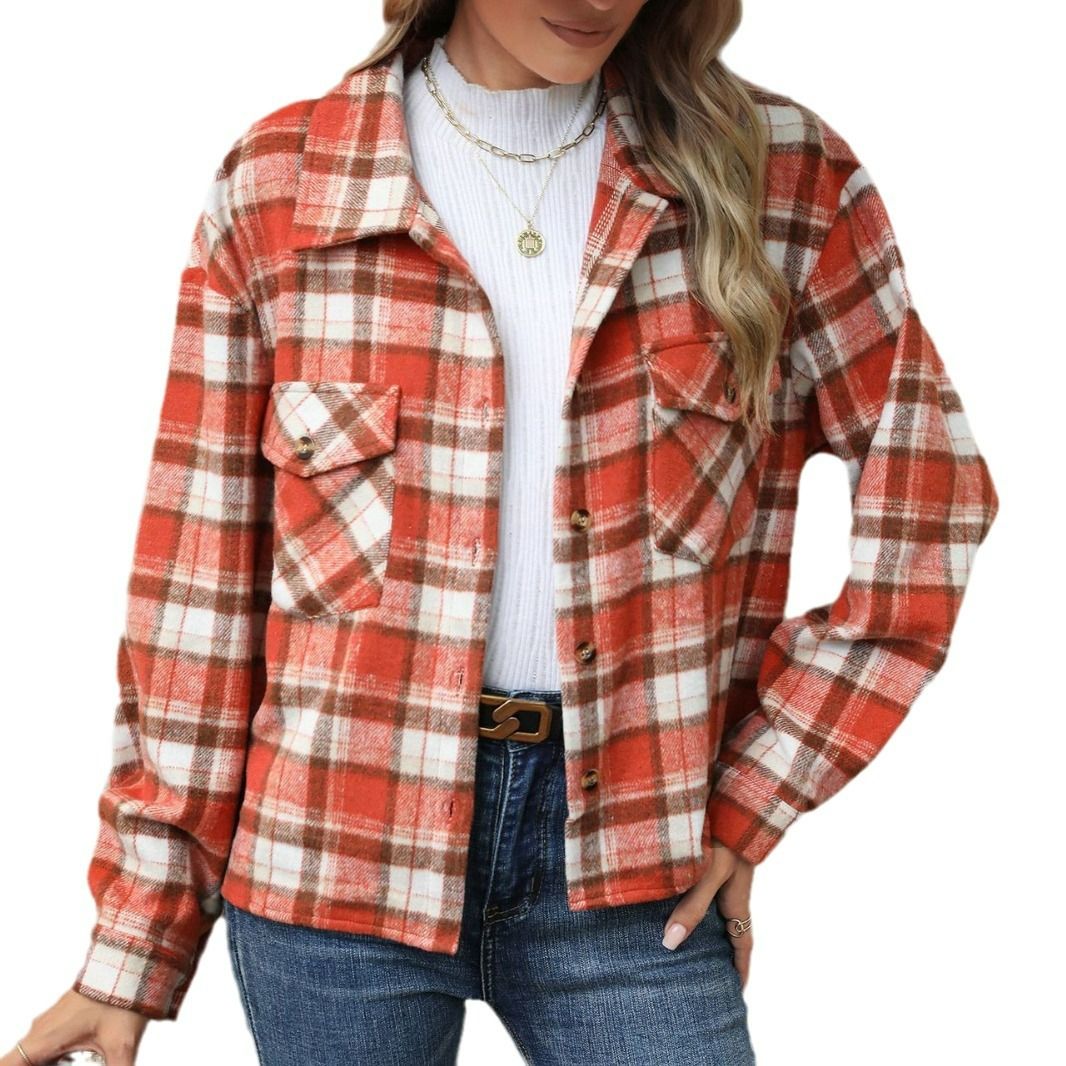 Wholesale Womens Autumn/Winter Casual Fashion Plaid Shirts Long Sleeves Lapel Loose Pockets Single Breasted Woolen Blouse Coat