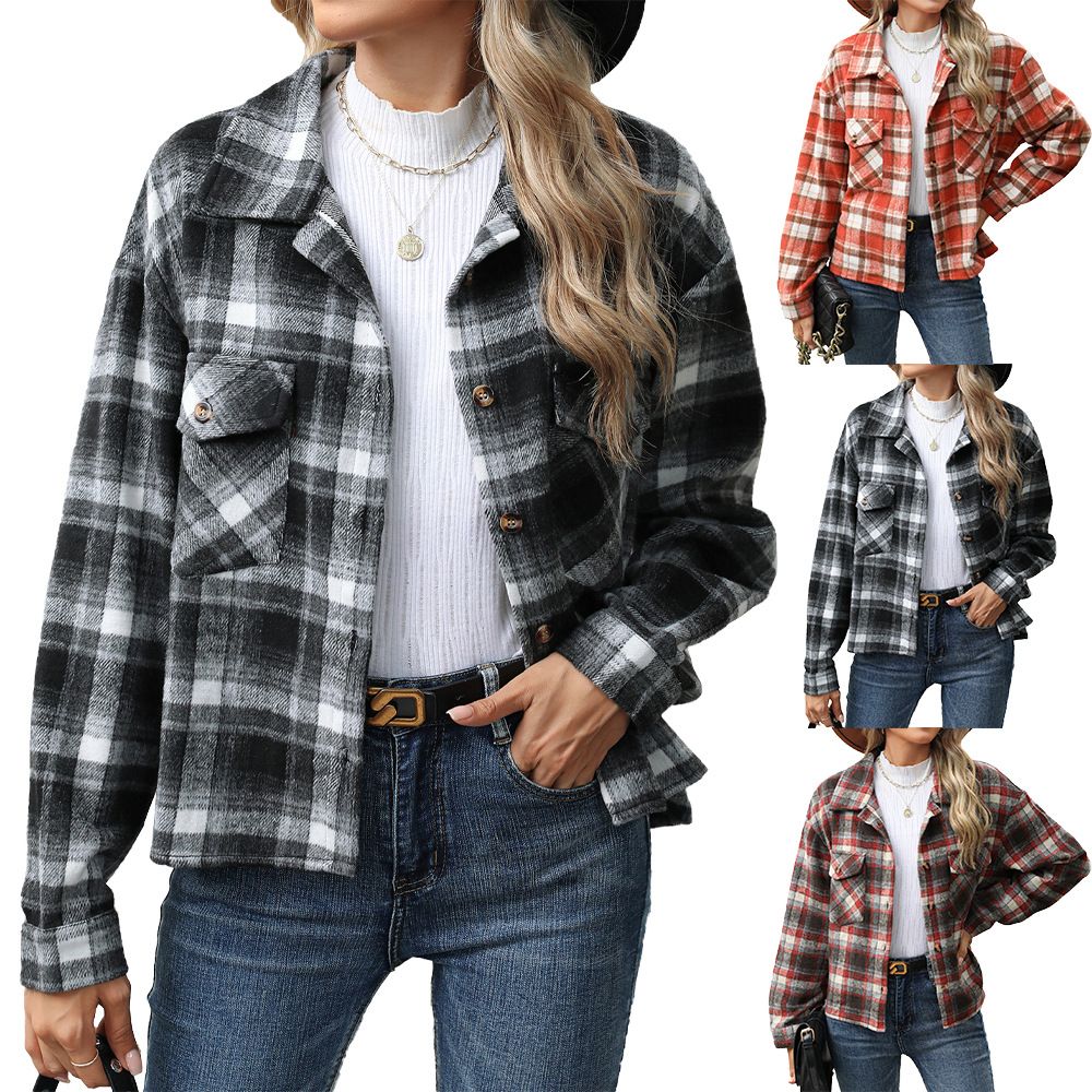 Wholesale Womens Autumn/Winter Casual Fashion Plaid Shirts Long Sleeves Lapel Loose Pockets Single Breasted Woolen Blouse Coat
