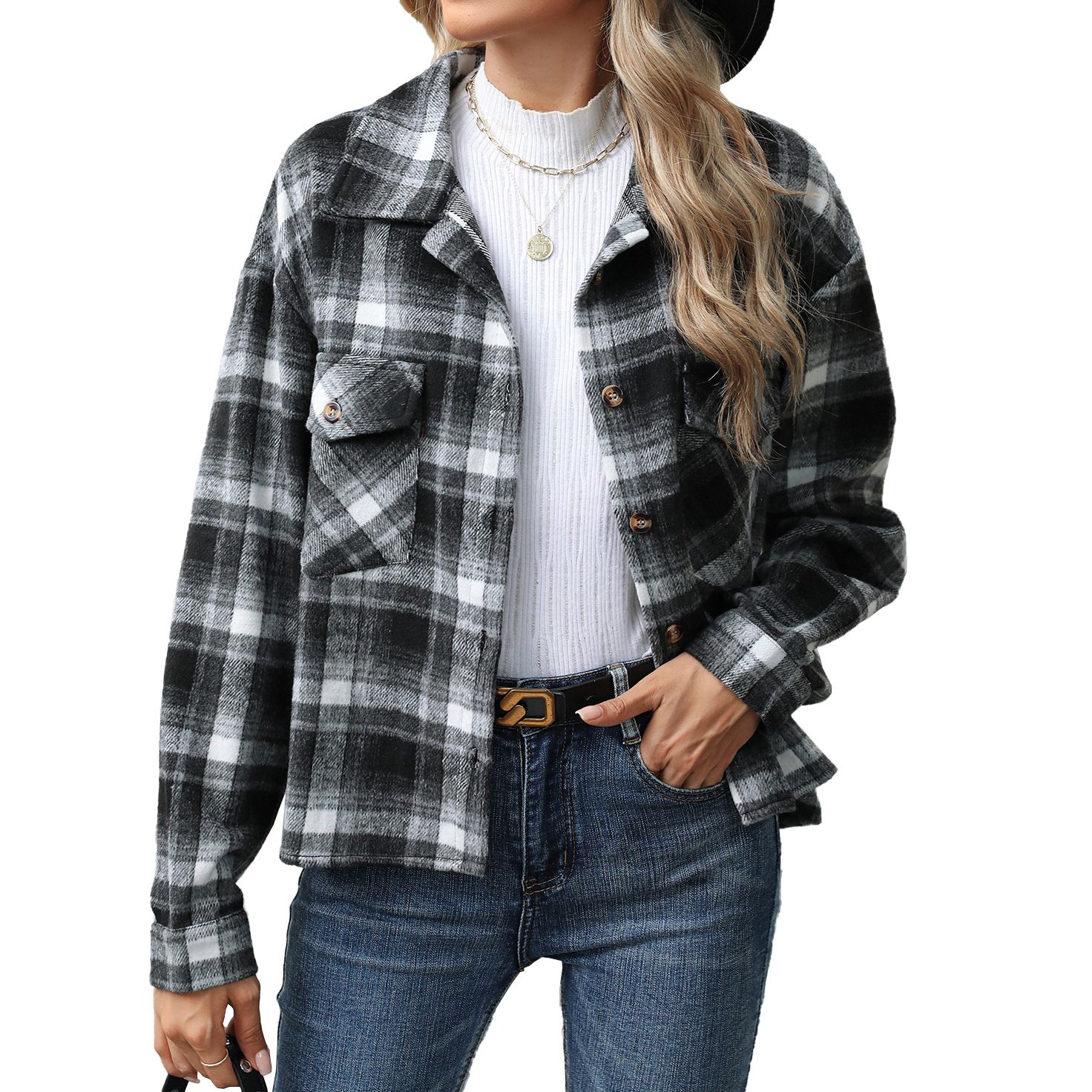Wholesale Womens Autumn/Winter Casual Fashion Plaid Shirts Long Sleeves Lapel Loose Pockets Single Breasted Woolen Blouse Coat