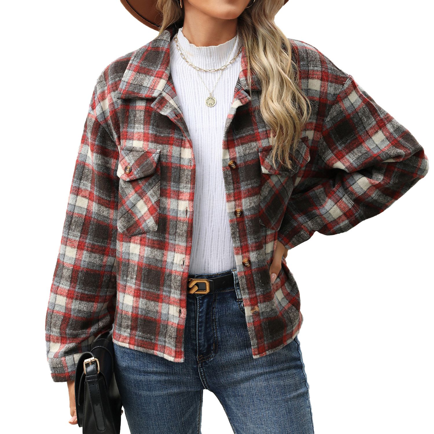 Wholesale Womens Autumn/Winter Casual Fashion Plaid Shirts Long Sleeves Lapel Loose Pockets Single Breasted Woolen Blouse Coat