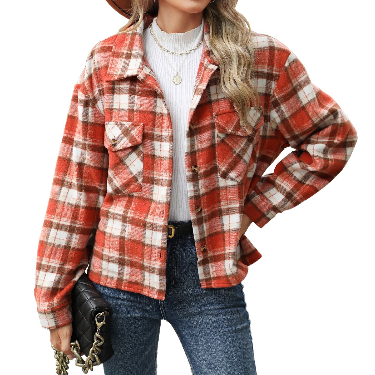 Wholesale Womens Autumn/Winter Casual Fashion Plaid Shirts Long Sleeves Lapel Loose Pockets Single Breasted Woolen Blouse Coat
