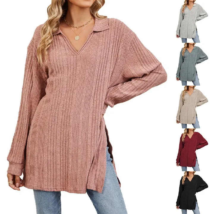 Custom LOGO Women Sweater pullover Shirts with Pockets knitwear winter crew neck loose oversized knitted sweater