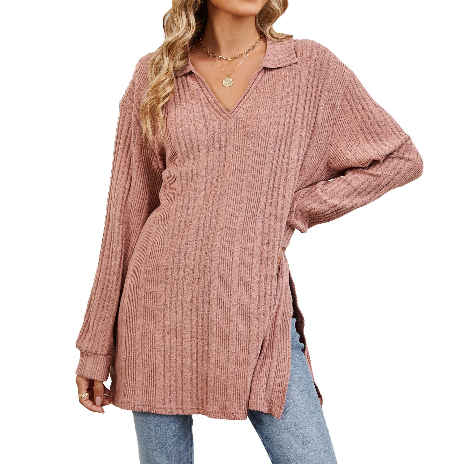 Custom LOGO Women Sweater pullover Shirts with Pockets knitwear winter crew neck loose oversized knitted sweater