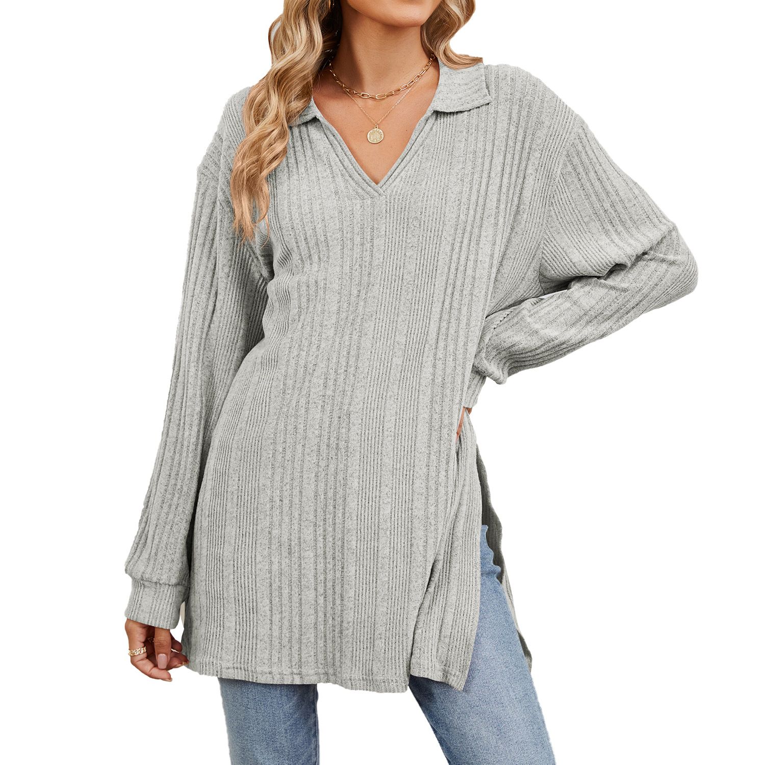 Custom LOGO Women Sweater pullover Shirts with Pockets knitwear winter crew neck loose oversized knitted sweater