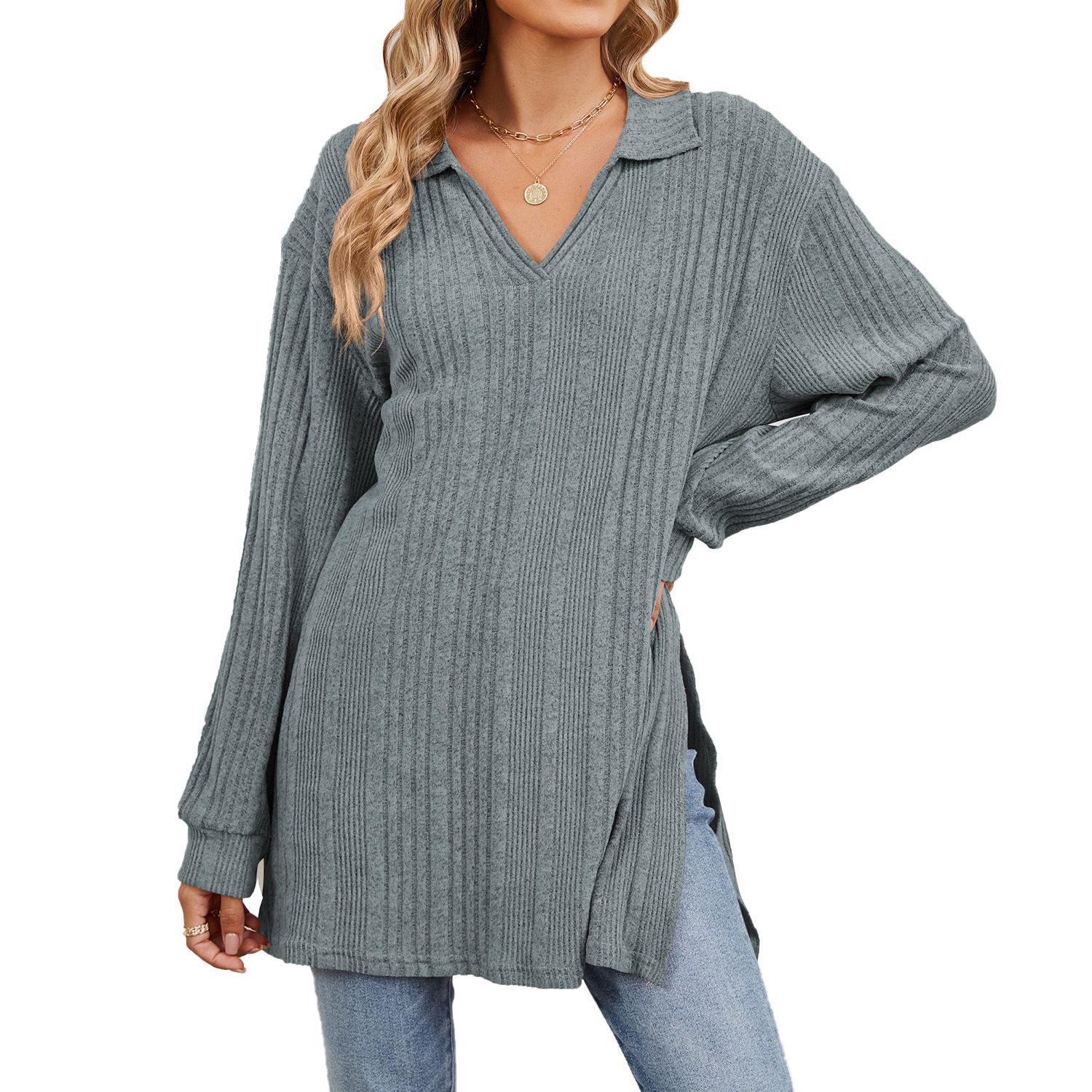 Custom LOGO Women Sweater pullover Shirts with Pockets knitwear winter crew neck loose oversized knitted sweater