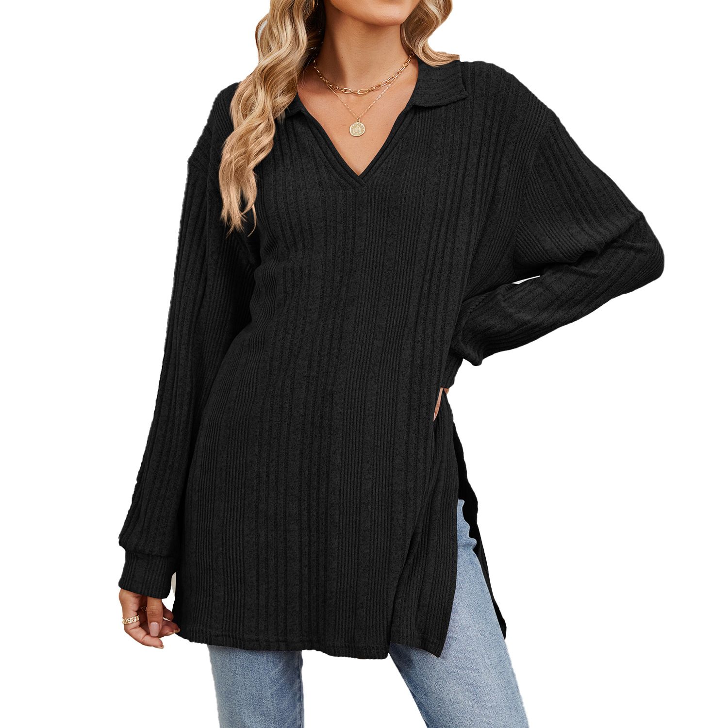 Custom LOGO Women Sweater pullover Shirts with Pockets knitwear winter crew neck loose oversized knitted sweater