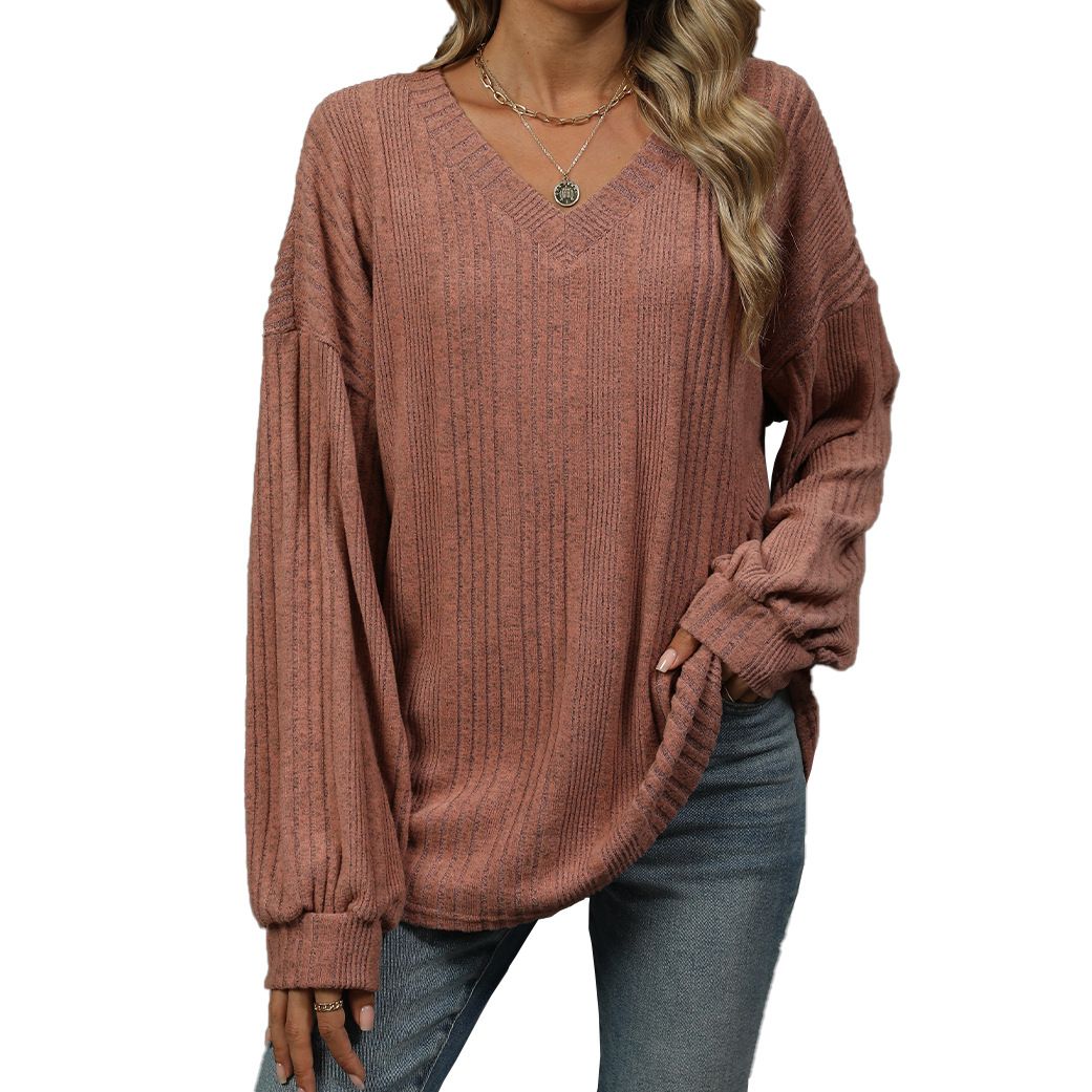 Europe and the United States autumn and winter new solid color V-neck loose casual long-sleeved T-shirt top for women
