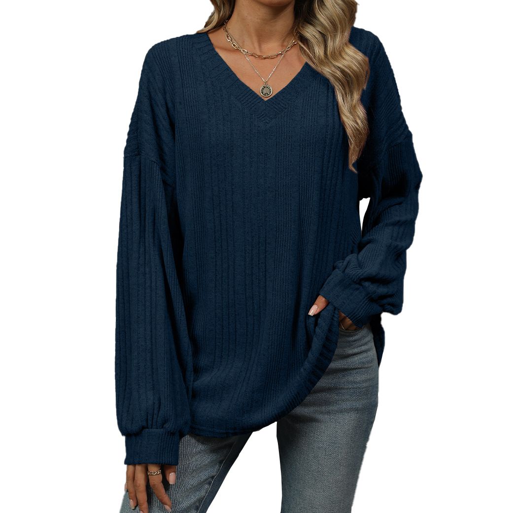 Europe and the United States autumn and winter new solid color V-neck loose casual long-sleeved T-shirt top for women