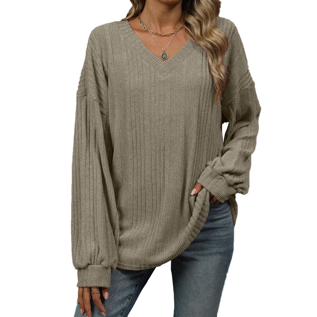 Europe and the United States autumn and winter new solid color V-neck loose casual long-sleeved T-shirt top for women