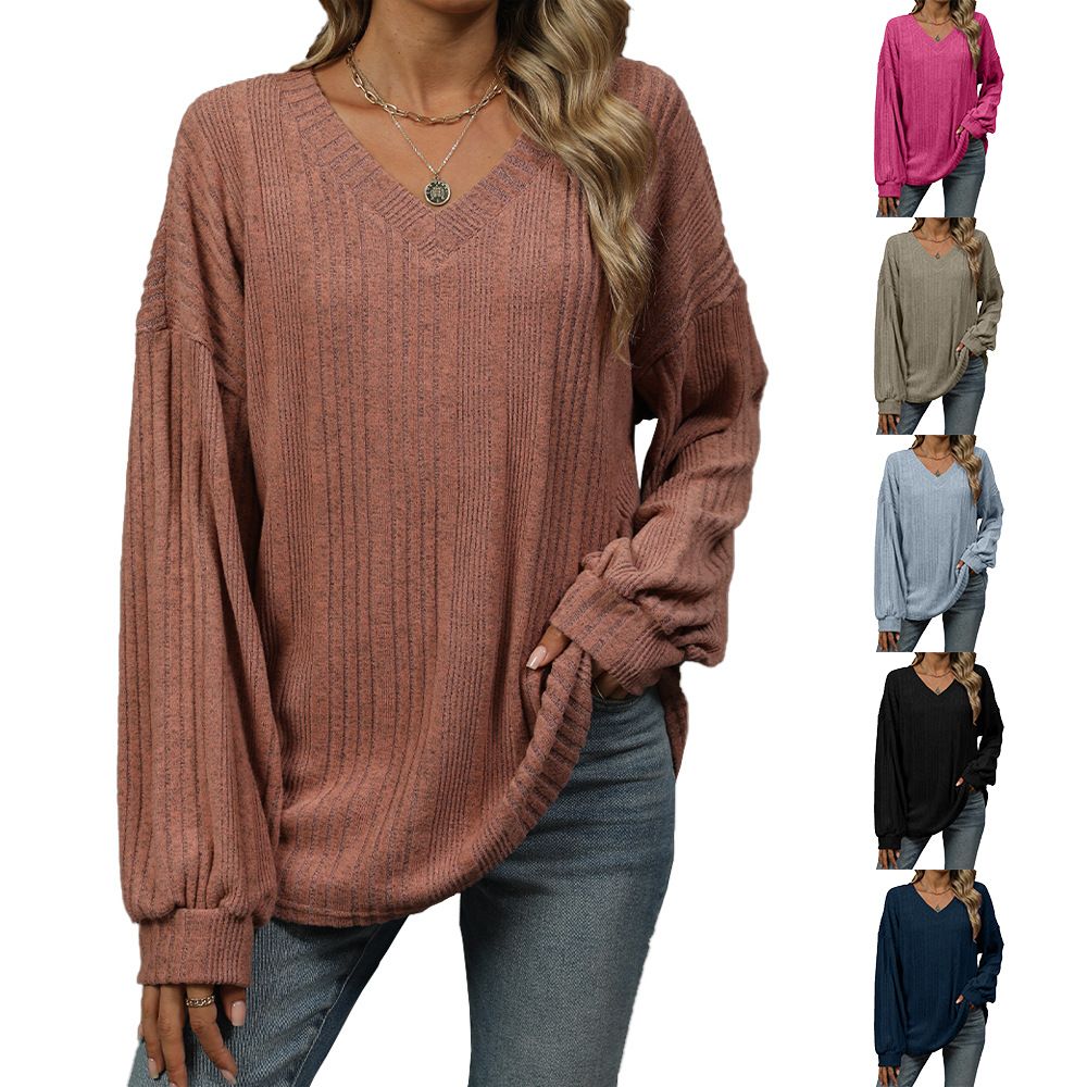 Europe and the United States autumn and winter new solid color V-neck loose casual long-sleeved T-shirt top for women