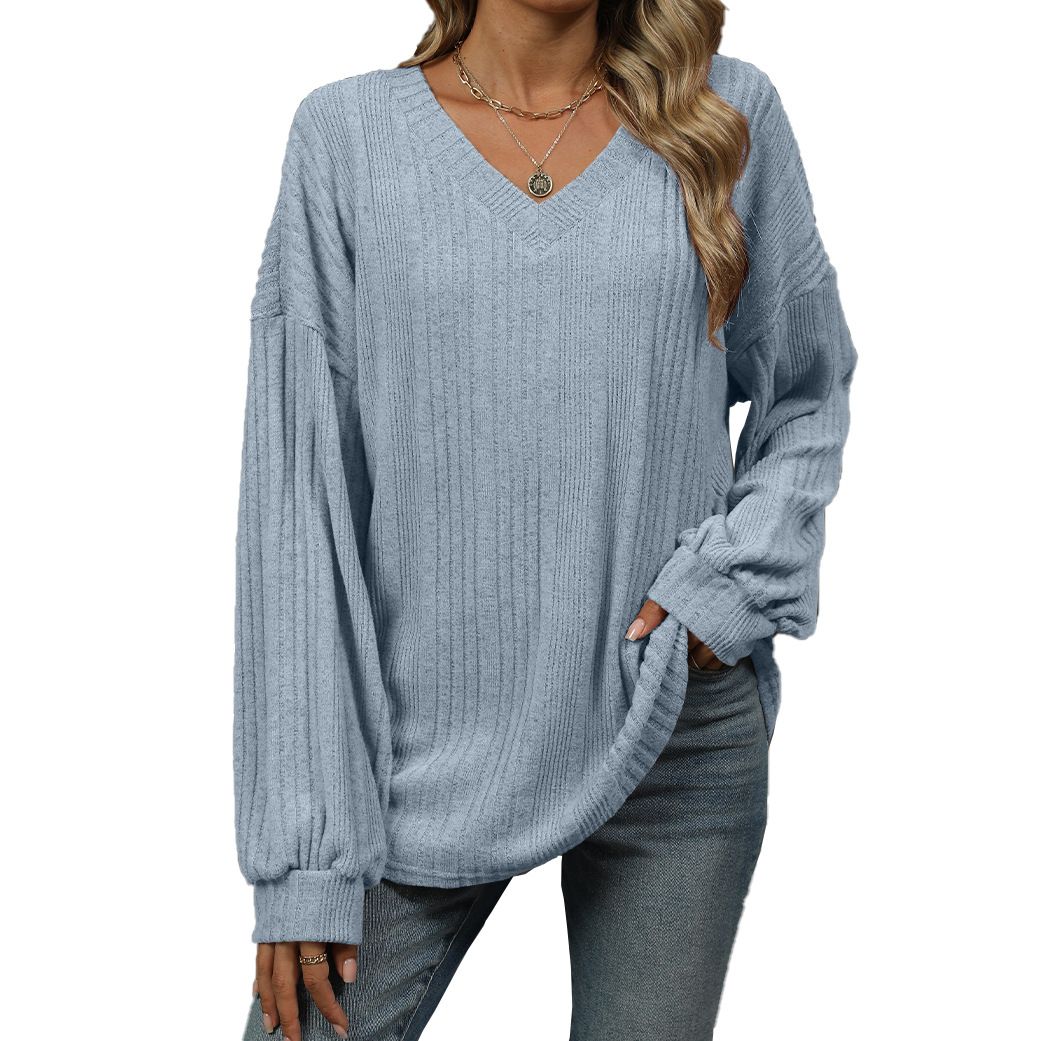 Europe and the United States autumn and winter new solid color V-neck loose casual long-sleeved T-shirt top for women