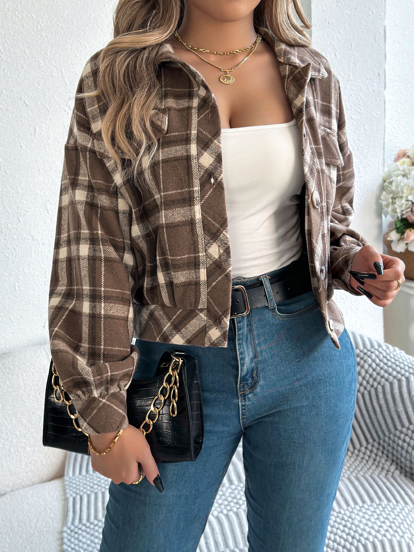 New Arrival Fall Ladies Tops Blouses Crop Top Button Up Long Sleeve Flannel Plaid Shirts For Women Blouses Jacket Coats